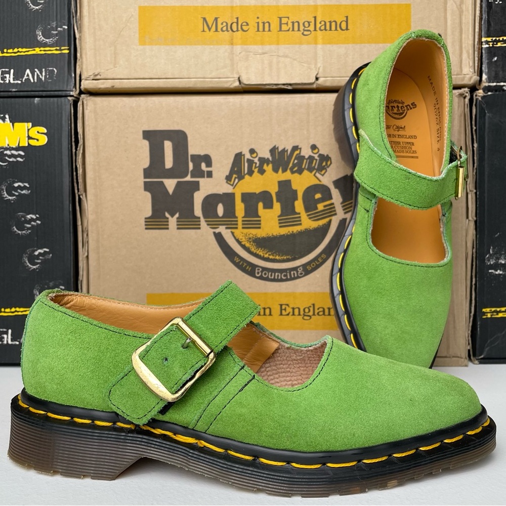 Vintage Dr. Martens England Green Suede Leather Point Toe Strap Mary Janes UK 4 - Picture 1 of 15